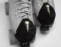 "These Toe Caps do not have the grommet holes like my other toe caps do.  I took them away, to make a little more room for these magical cast bird skulls to really stand out.  The cap is held onto your skate by the loop at the top.  Because of the decorative nature of these, I would not recommend doing any heavy duty park skating with them.   The toe cap shape and design was about half a year in the making.   I needed toe protectors for my own skates, and I wanted to make something that had a bi Bird Skulls, Holding Onto You, Bird Skull, Shape Of You, Roller Skates, The Loop, Classic Leather, Signature Style, Leather Fashion