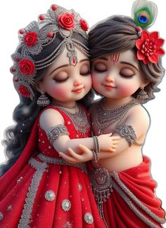 two figurines are hugging each other with their eyes closed and one is wearing a red dress