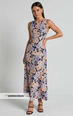 Jenibelle Midi Dress - Boat Neck Open Back Sleeveless Bias Cut Slip Dress in Mellow Floral Dress Georgette, Midi Dress Formal, Bias Cut Dress, Guest Attire, Cut Dress, Wedding Attire Guest, Church Dresses, Open Back Dresses, Guest Dress