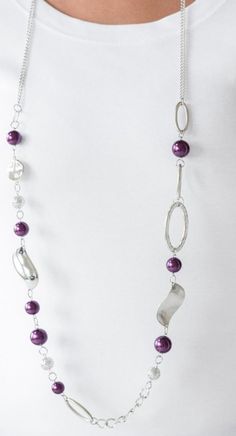 Lead And Nickel Free. Includes Matching Purple Bead Earrings. Oversized Purple Pearls, Ornate Silver Beads, And An Array Of Glistening Silver Accents Trickle Along A Lengthened Silver Chain For A Refined Look. Features An Adjustable Clasp Closure. Silver Metal Beaded Necklaces For Party, Silver Beaded Necklaces For Party, Silver Necklaces With Round Beads For Party, Silver Metal Beaded Necklace For Party, Silver Necklace With Round Beads For Party, Silver Metal Beaded Necklaces With Round Beads, Polished Metal Beads Jewelry For Party, Silver Dangling Beads For Gifts, Silver Necklaces With Polished Beads For Party