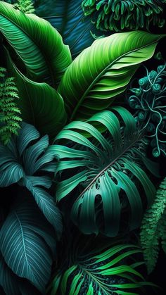 an image of green leaves and plants in the dark night time scene with bright colors