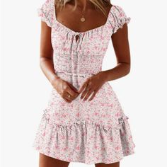 Women's Summer Ruffle Sleeve Sweetheart Neckline Printing Dress Mini Dress Casual White Tiered Mini Dress, Sweet Ruffled Beach Dresses, Cute White Mini Dress For Garden Party, White Mini Dress For Garden Party, Spring Mini Dress With Ruffle Hem And Sweetheart Neckline, Spring Mini Dress With Sweetheart Neckline And Ruffle Hem, White Sweet Dress With Ruffle Hem, Sweet Sleeveless White Mini Dress, White Sweet Mini Dress For Summer