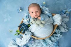 a baby in a basket with a teddy bear on it's lap, surrounded by blue flowers