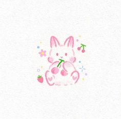 a drawing of a pink bunny with flowers on it's chest and an arrow in its mouth