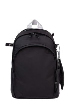 a black backpack with silver accents on the front