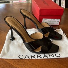 New In Box Carrano Patent Leather Slide Sandals Retails: $159 Color: Black Size: 7.5 Black Open Toe Formal Sandals, Black Sandals With 4-inch Heel For Cocktail, Black Round Toe Sandals For Cocktail, Black Closed Toe Formal Sandals, Black Open Toe Sandals For Cocktail, Black Formal Sandals With Open Heel, Formal Black Sandals With Heel Strap, Chic Closed Toe Sandals For Date Night, Chic Square Toe Cocktail Heels