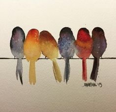 five birds are sitting on a wire painted with watercolors