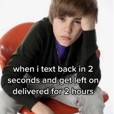 a young boy sitting in a chair with his hand on his head and the caption reads, when i text back in 2 seconds and get left on delivered for 2 hours