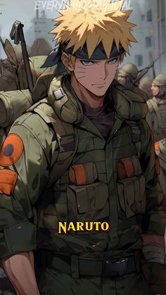 the character naruto is standing in front of a group of soldiers