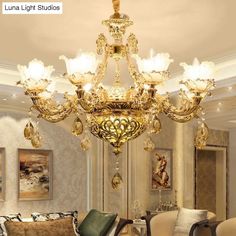 a chandelier hanging from the ceiling in a living room