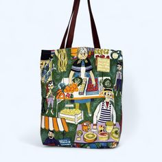 Step back in time with this unique tote bag, handcrafted from authentic vintage Moygashel 'Bon Marché' fabric from 1950s or 60s,  The charming fabric is decorated with a market scene featuring cheesemongers and fishmongers. This one-of-a-kind piece combines retro charm with modern functionality, making it the perfect accessory for any vintage lover. Key Features: Vintage Fabric:  The exterior is made from carefully selected vintage Irish Moygashel fabric from the 1950s/60s, ensuring each bag is Vintage Bags With Canvas Lining For Daily Use, Retro Handmade Bags For Everyday Use, Retro Handmade Bag For Everyday Use, Retro Handmade Bags For Everyday, Handmade Canvas Bags For Shopping, Vintage Canvas Tote Bag, Handmade Retro Bags For Everyday Use, Handmade Double Handle Canvas Bag For Shopping, Handmade Canvas Shopping Bag