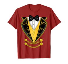 a red shirt with an image of a tuxedo wearing a yellow vest and black bow tie