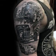 a man's arm with an old fashion truck and tractor tattoo design on it