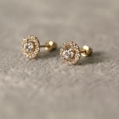 Delicate Gold Diamond Earrings For Gift, Gold Plated Diamond Earrings For Gift, Gold Plated Round Diamond Earrings As Gift, Classic Gold Diamond Earrings As Gift, Classic Gold Diamond Earrings For Gift, Delicate Hypoallergenic Diamond Earrings As Gift, Gold Halo Design Earrings For Gift, Gold Halo Design Earrings As Gift, Gold 14k Diamond Earrings Gift