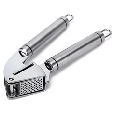 two stainless steel exhaust pipe holders on a white background, one is open and the other is closed