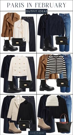 Graphic of 6 different outfits to pack for Paris during the winter season. Paris In February, What To Pack For Paris, Outfits To Wear In Paris, Paris In January, Minimalist Winter Outfit, What To Wear In Paris, Casual Trendy Outfits, Capsule Wardrobe Women, Classic Capsule Wardrobe