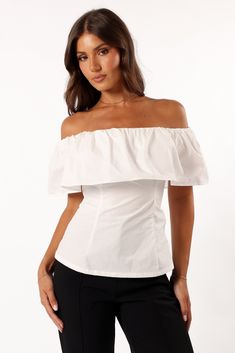 DETAILS   Make a statement in our off the shoulder top. Featuring a straight elasticised neckline, overlay bust feature and short sleeve, this fashionable piece is the ultimate way to show off your style. Whether youâ€™re going for a night out with friends or want to add something special to date night, this eye-catching top will do the trick.   off the shoulder style top  straight elasticised neckline  overlay bust feature  short sleeve  back invisible zip  unlined  material - 100% cotton     S White Top With Straight Neckline For Spring, Elegant Summer Tops With Straight Neckline, Trendy Off-shoulder Tube Top For Day Out, Elegant Straight Neckline Summer Tops, Summer Tops With Straight Neckline For Night Out, Elegant Tops With Straight Neckline For Summer, Summer Tops For Night Out With Straight Neckline, Elegant Strapless Summer Tops, Fitted Off-shoulder Top For Day Out