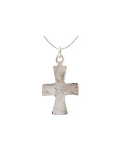 Silvered bronze, over 1 1/4" in height with the cross beam centered. The vertical beam flared from the center to top and bottom and the cross beam was without the flare. A provincial example is slightly out of proportion, typical for the period. Professionally refurbished with the pure silver overlay restored suspended from a Sterling silver neck chain for modern wear. Gift boxed with certificate of authenticity. Medieval Engraved Cross Pendant Jewelry, Handmade Bronze Cross Pendant Necklace, Handmade Bronze Necklace With Cross Pendant, Medieval Engraved Cross Jewelry, Byzantine Cross Sterling Silver Jewelry, Byzantine Cross Necklace With Engraving, Byzantine Style Sterling Silver Cross Jewelry, Byzantine Sterling Silver Cross Jewelry, Sterling Silver Byzantine Cross Jewelry