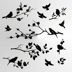 several birds sitting on branches with leaves and flowers in silhouettes against a white background