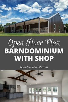 an open floor plan with the words barndoming with shop above it and below