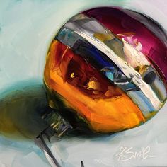 an oil painting of a colorful ball with scissors on the side and another object in the foreground