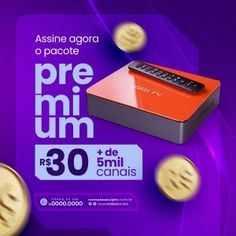 a purple and orange advertisement with gold coins flying in the air next to an electronic device