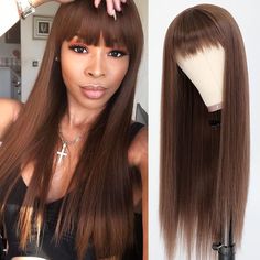 PRICES MAY VARY. 24 inch, Brown Color, None Lace Wigs with Bangs Wispy Bangs, No Heavy Feeling, Elegant yet Pretty and Cute, Full of Youth Brazilian Natural Collection, Pretty Natural, Soft and Gorgeous Heat Resistant Premium Synthetic Hair, Similar to Human Hair, Real and Natural Easy to Wear, Clean and Manageable Specification: 
 Hair Length: 24 inch
 Cap Size: Circumference 21.5’’-23’’ stretched medium cap (Average cap size), with adjustable straps
 Heat-resistant Temperature: up to 300˚F - 3 No Lace Wigs, Loose Wave Hair, Full Bangs, Loose Waves Hair, Hair Shedding, Quality Wigs, Wispy Bangs, Hair Brown, Hair Replacement