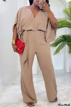 Olivia Mark - Chic V-Neck Regular Jumpsuit in Sleek Solid Color for Everyday Elegance Elegant V-neck Jumpsuit For Beach, Elegant V-neck Jumpsuits And Rompers For Beach, Elegant Beach Jumpsuits And Rompers, Plus Size Two Piece, Jumpsuit Online, Turndown Collar, Daily Style, Fashion Gallery, Wholesale Fashion