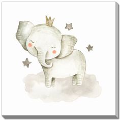 an elephant with a crown sitting on top of it's head in the clouds