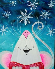 a painting of a polar bear with snowflakes in the background