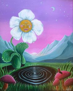 an acrylic painting of a flower with a sun in the sky above it