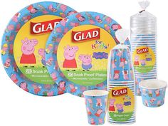 peppa pig party supplies including plates, cups and napkins