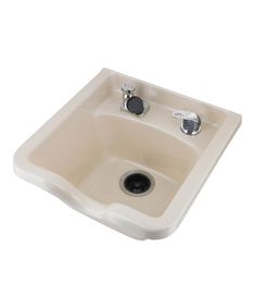 a bathroom sink with two faucets on the side and one drain in the middle