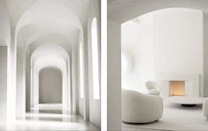 two photographs of the same room with white walls and floor, one has a fireplace in it