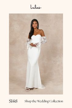 a woman in a white wedding dress with the words shop the wedding collection on it