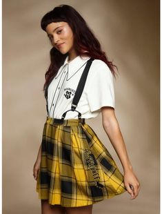 Harry Potter Hufflepuff Pleated Suspender Skirt Harry Potter Skirt, Hufflepuff Outfit, Harry Potter Hufflepuff, Suspender Skirt, Plus Size Fits, Sweaters And Jeans, Plaid Print, Warner Bros, Suspenders