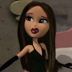 a cartoon girl with long brown hair and black dress holding her hand out to the side