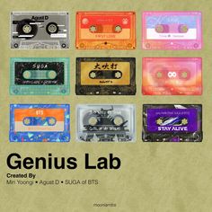 a group of cassette tapes with the words genius lab written on them in different languages