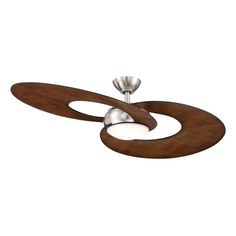 a ceiling fan with two wooden blades on the top and one metal blade on the bottom