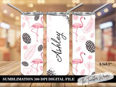 three pink flamingos and leaves are on the side of two white tumblers that say, sublimmation 350 digital file