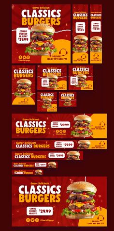 the menu for a burger restaurant is shown in red, yellow and orange colors with white lettering