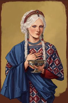 a painting of a woman with white hair and braids holding a bowl in her hands