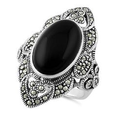 Top of ring height: 33mm

Top of ring width: 12.4mm

Band width: 4.3mm

Shank width: 3.1mm



Stone material: black onyx

Center stone size: 17mm X 12mm

Stone shape: oval

Total number of CZ stones: 1

Stone setting: inlay setting



Metal: 925 sterling silver

Finish: high polish Marcasite Jewelry, Marcasite Ring, Sterling Silver Marcasite, Stone Material, Gold Jewelry Indian, Stone Setting, Onyx Ring, Sea Glass Jewelry, Chains Jewelry