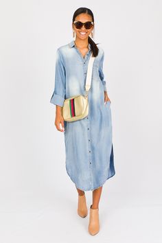 Chambray Shirt Dress Midi, Denim - New Arrivals - The Blue Door Boutique Casual Midi-length Shirt Dress With Roll-up Sleeves, Casual Midi Length Shirt Dress With Roll-up Sleeves, Casual Midi Shirt Dress With Roll-up Sleeves, Spring Washed Denim Shirt Dress, Light Wash Denim Shirt Dress For Spring, Casual Shirt Dress With Roll-up Sleeves For Spring, Casual Shirt Dress With Roll-up Sleeves For Fall, Casual Shirt Dress With Roll-up Sleeves, Spring Shirt Dress With Pockets And Shirttail Hem