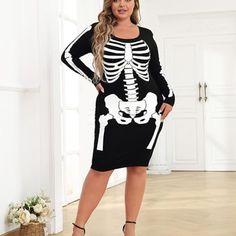 Style Plus Halloween Skeleton Dress Size Xl 95% Viscose 5% Elastane New With Tag Costume Stretchy Long Sleeve Black Dress Skeleton Costume Features White Bone Detailing And Made Of Lightweight And Stretchy Spandex Fabric, Great To Wear As A Classic Plus Size Halloween Costume! Model Is 5'7" Wearing Size 1x Skeleton Costume Dress With Scoop Neck This Sexy Skeleton T Shirt Dress Will Surely Make You The Star Of The Night Show Off Your Curves With This Bodycon Fitted Skeleton Outfit Dress! Flaunt Y Plus Size Skeleton Dress, White Long Sleeve Halloween Dress, White Long Sleeve Dress For Halloween, Long Sleeve White Dress For Halloween, Black Skull Print Dress For Party, Black Halloween Dress With Skull Print, Casual Black Dress With Skull Print, Skeleton Outfit, Skeleton Clothes