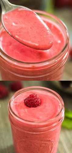 a spoon full of raspberry smoothie in a jar