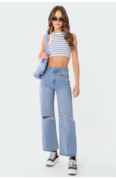 Effortlessly cool wide-leg jeans are cut from nonstretch denim and ripped at the knees for a laid-back vintage look. 100% cotton Machine wash, dry flat Imported Where To Get Wide Leg Jeans, Granola Outfits Summer, Preppy Jeans, Highrise Jeans, Granola Outfits, Thrift Ideas, Girl Hacks, High Waist Wide Leg Jeans, Jeans Outfit Summer