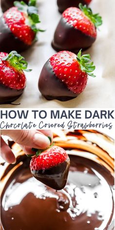 chocolate covered strawberries are being dipped in melted chocolate and then dipped with fresh strawberries