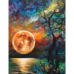 a painting of a full moon in the night sky over water with trees and flowers