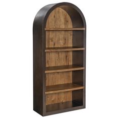 an arched bookcase with wooden shelves and metal trimmings on the bottom shelf